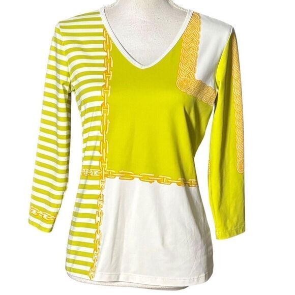 J Mclaughlin Top Size Small Catalina Cloth Green Chain Stripe 3/4 Sleeve Preppy - Picture 2 of 10